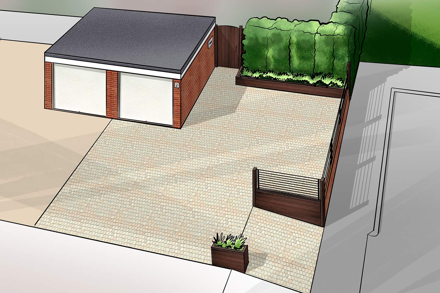 aerial view of a domestic new car parking area