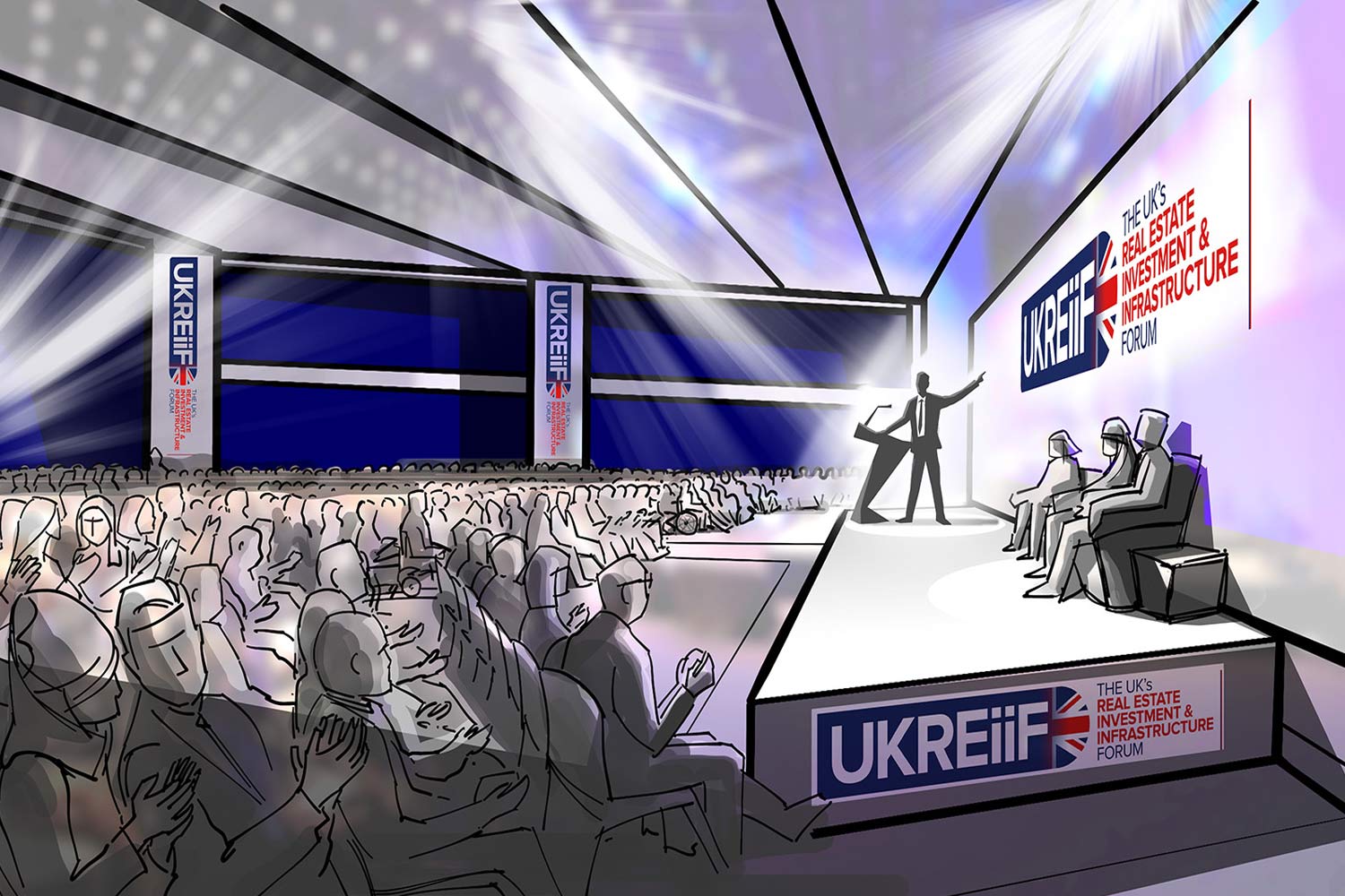 interior artist impression of a trade conference showing the stage and audience