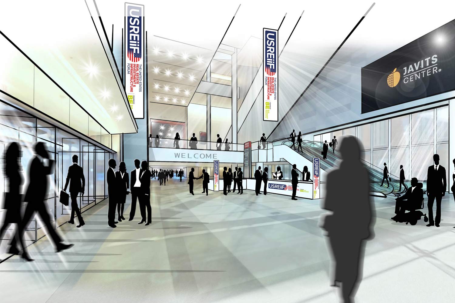 artist impression of a trade show entrance hall taking place next year