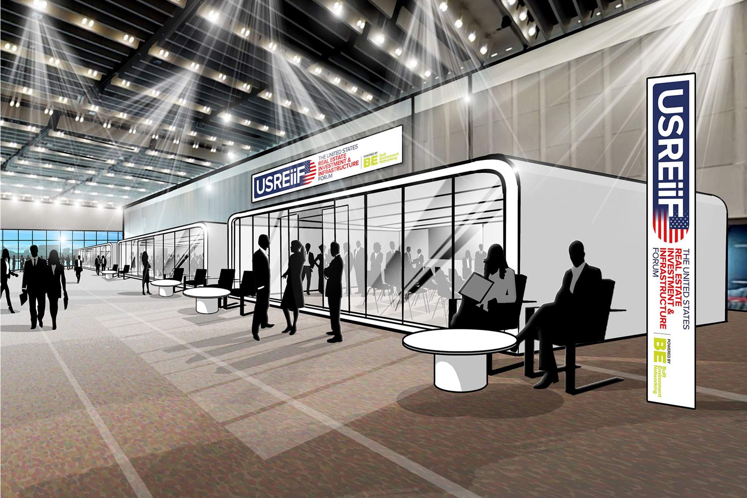 artist impression of the interior view of the exhibition pods at an international trade fair